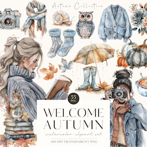 Autunno accogliente, Clipart autunnale rustico dell'acquerello, Grafica autunnale neutra, Libri, Ragazza accogliente, Zucca, Foglia, Cottagecore, Blu, Licenza commerciale