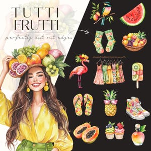 Puede incluir: Ilustraci&oacute;n en acuarela con el texto "Tutti Frutti" y una mujer con un sombrero lleno de frutas. La imagen presenta varios elementos con tem&aacute;tica de frutas, incluyendo una rodaja de sand&iacute;a, pi&ntilde;a y cupcakes, junto con un flamenco y vestidos.