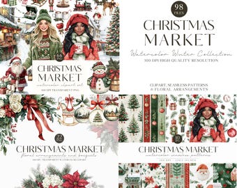 Puede incluir: Una colección de arte digital titulada "Mercado de Navidad" con ilustraciones en acuarela. La imagen incluye retratos de mujeres, árboles de Navidad, Papá Noel y elementos festivos. El texto incluye "Watercolor Winter Collection" y "Clipart, Seamless Patterns & Floral Arrangements."