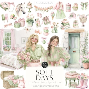 Peut inclure: Ensemble de cliparts aquarelle aux couleurs pastel douces. Les illustrations comprennent des fleurs, des vêtements, des accessoires et deux femmes. Le texte "SOFT DAYS" est affiché dans une police décorative. L'ensemble est étiqueté 66 fichiers PNG.