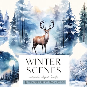 Scene invernali Clipart-Acquerello Bosco invernale Clipart-Paesaggio forestale invernale-Albero invernale-Foresta innevata-Uso commerciale-PNG-Download immediato