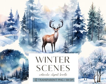 Winter Scenes Clipart-Watercolor Winter Woodland Clipart-Winter Forest Landscape-Winter Tree-Snow Forest-Commercial Use-PNG-Instant Download