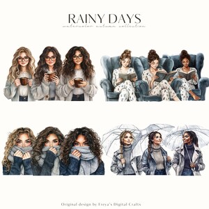 Puede incluir: Ilustraci&oacute;n en acuarela titulada "Rainy Days" que muestra a mujeres en ambientes oto&ntilde;ales. Algunas sostienen tazas, otras leen libros y otras est&aacute;n envueltas en bufandas y abrigos. La obra de arte tiene una paleta de colores c&aacute;lidos.