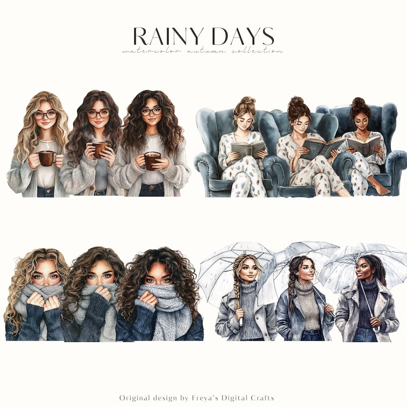 Puede incluir: Ilustraci&oacute;n en acuarela titulada "Rainy Days" que muestra a mujeres en ambientes oto&ntilde;ales. Algunas sostienen tazas, otras leen libros y otras est&aacute;n envueltas en bufandas y abrigos. La obra de arte tiene una paleta de colores c&aacute;lidos.