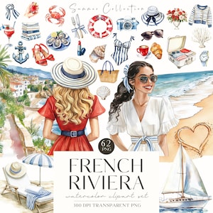 Aquarell Küsten Sommer Clipart, Mittelmeer Strand, Französisch Liebhaber, Nautik, Reise, Junkjournal, Digitale Aufkleber, Scrapbook, Kommerziell