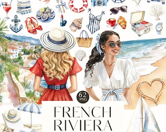 Watercolor Coastal Summer Clipart, Mediterranean Beach, French Lover, Nautical, Travel, Junkjournal, Digital Stickers, Scrapbook, Commercial
