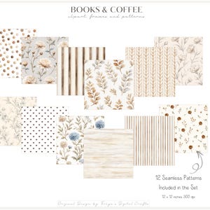 K&ouml;nnte beinhalten: Eine digitale Sammlung mit dem Titel BOOKS & COFFEE, die 12 nahtlose Muster enth&auml;lt. Das Set umfasst Designs mit braunen Punkten, Blumenillustrationen, vertikalen Streifen, Blattmotiven, Stricktexturen, Herzmustern und Holzmaserungen.