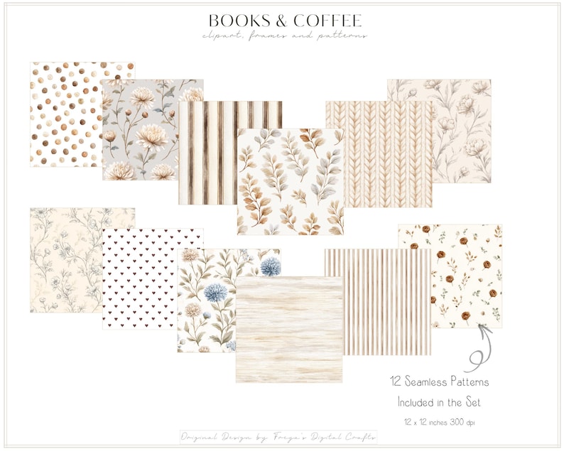 K&ouml;nnte beinhalten: Eine digitale Sammlung mit dem Titel BOOKS & COFFEE, die 12 nahtlose Muster enth&auml;lt. Das Set umfasst Designs mit braunen Punkten, Blumenillustrationen, vertikalen Streifen, Blattmotiven, Stricktexturen, Herzmustern und Holzmaserungen.