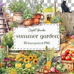 16 cliparts PNG jardin d'été - aquarelle de jardinage - fabrication de cartes - scrapbooking - jardin de la cuisine - art mural - artisanat en papier numérique-usage commercial