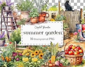 16 Summer Garden PNG ClipArt -Watercolor Gardening -Card Making -Scrapbooking -Kitchen Garden -Wall Art -Digital Paper Craft-Commercial Use