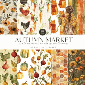 Aquarela Cosy Autumn Market Rustic Seamless Patterns, Cosy Fall JPG, Padrão de Repetição, Scrapbooking, Abóbora, Xadrez, Licença Comercial