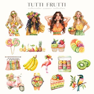 Puede incluir: Ilustraci&oacute;n en acuarela con el texto "TUTTI FRUTTI watercolor summer collection". La imagen presenta ilustraciones de mujeres, frutas, postres, un scooter, un reloj y un flamenco.