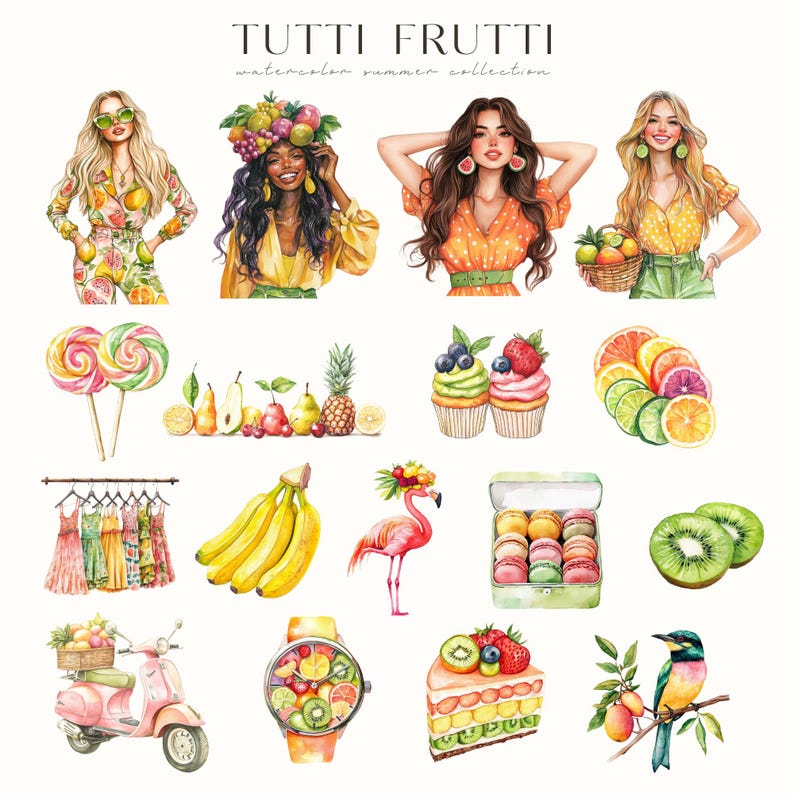 Puede incluir: Ilustraci&oacute;n en acuarela con el texto "TUTTI FRUTTI watercolor summer collection". La imagen presenta ilustraciones de mujeres, frutas, postres, un scooter, un reloj y un flamenco.