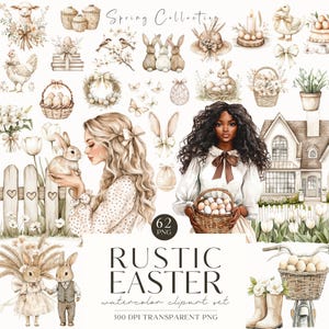 Clipart de Pâques rustique, Pâques neutre aquarelle, lapin de Pâques, oeuf de Pâques, joli printemps, autocollants numériques, scrapbooking, usage commercial