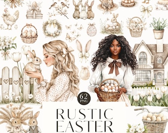 May include: A set of 62 watercolor illustrations featuring rustic Easter elements. The illustrations include bunnies, eggs, flowers, a house, a bicycle, and more. The illustrations are perfect for creating cards, invitations, and other crafts.