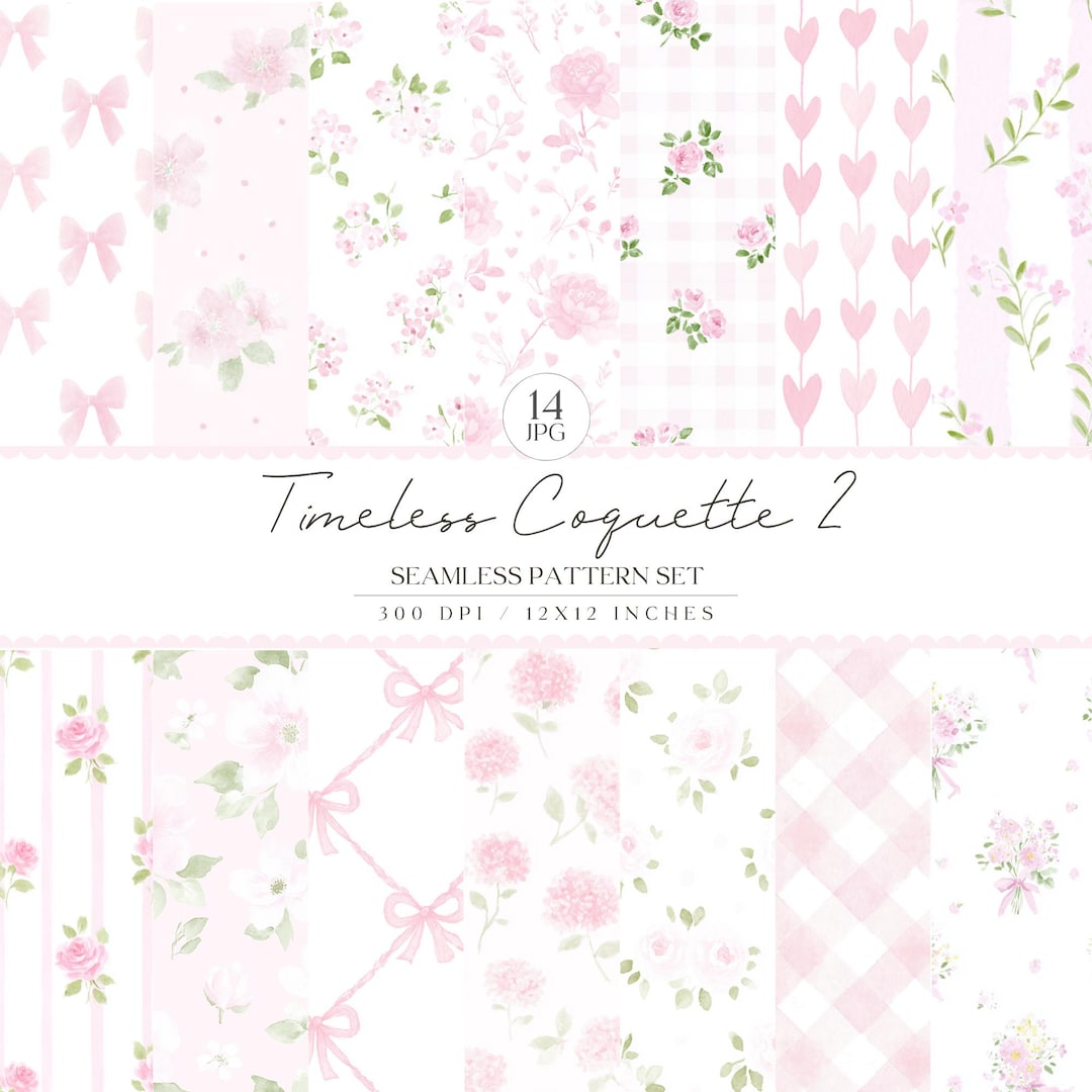 Coquette Seamless Patterns, Grandmillennial Background, Pink Watercolor ...