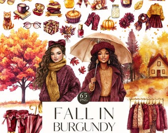 Watercolor Cozy Burgundy Fall Clipart, Autumn PNG, Artful Autumn, Autumnal Vibes, Fall Girls, Digital Stickers, Scrapbooking, Commercial Use