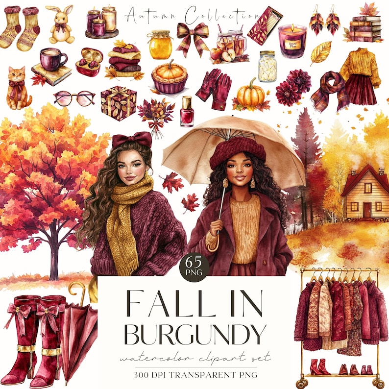 May include: A watercolour clipart set named "Fall in Burgundy" with autumn-themed illustrations. It includes images of women, clothing, accessories, and seasonal items such as pumpkins, candles, and leaves. The set has a warm colour palette of burgundy, gold, and orange.