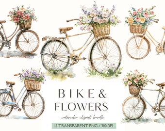 Bike and Flowers Clipart-Watercolor Spring Clipart-Floral Clipart-Summer PNG-Girl Clipart-Commercial Use-PNG-Instant Download-Scrapbooking