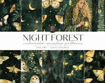 Forest Pattern, Magical Moth, Evergreen Seamless Pattern, Botanical, Woodland Repeating Pattern, Green Background, Scrapbook, Commercial Use