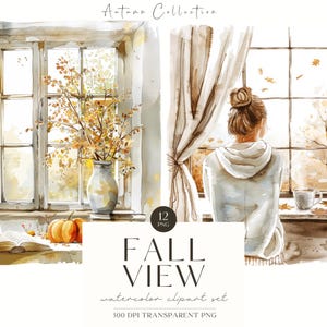 Vista de ventana de otoño, imágenes prediseñadas de otoño neutro de acuarela, gráficos PNG de otoño, alféizar de ventana de otoño, decoración de otoño, escena de otoño, licencia comercial