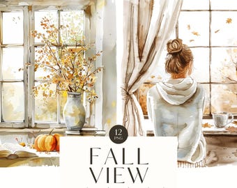 May include: A watercolor clipart set of 12 images featuring fall scenes. The set includes a window with a vase of fall leaves, a window with a person looking out, and a pumpkin on a table. The text "FALL VIEW watercolor clipart set 300 DPI TRANSPARENT PNG" is included in the image.