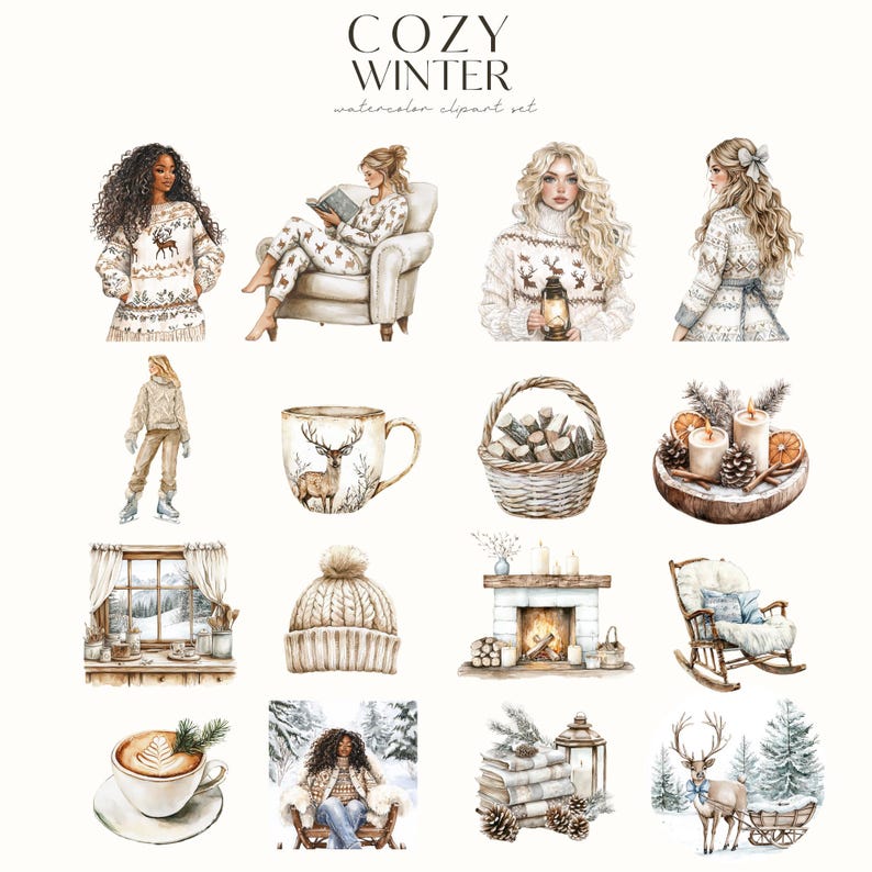 May include: A set of watercolor illustrations featuring cozy winter themes. The set includes images of women in winter clothing, a mug with a deer design, a fireplace, a rocking chair, a cup of coffee, a lantern, a basket of logs, a winter scene with a deer, and a window with a view of a snowy landscape. The illustrations are perfect for adding a touch of winter charm to your projects.