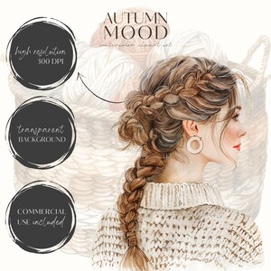 Puede incluir: Ilustraci&oacute;n de acuarela de una mujer con el pelo largo y casta&ntilde;o trenzado, vistiendo un su&eacute;ter blanco. El fondo es una cesta de lana.