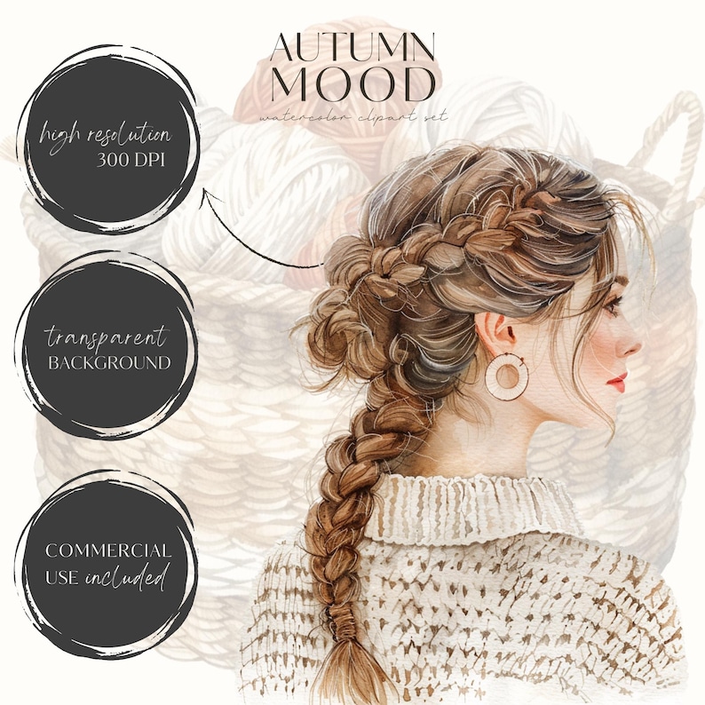 Puede incluir: Ilustraci&oacute;n de acuarela de una mujer con el pelo largo y casta&ntilde;o trenzado, vistiendo un su&eacute;ter blanco. El fondo es una cesta de lana.