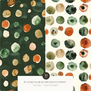 K&ouml;nnte beinhalten: Zwei nahtlose Aquarellmuster mit abstrakten Kreisen in Gr&uuml;n-, Orange-, Braun- und Pfirsicht&ouml;nen. Die Muster sind auf einem dunkelgr&uuml;nen und wei&szlig;en Hintergrund. Der Text "WATERCOLOR SEAMLESS PATTERNS" und "300 DPI / 12X12 INCHES" ist im Bild enthalten.