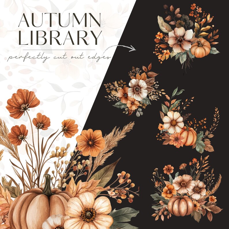 Watercolor Autumn Floral Clipart, Rustic Fall Floral Bouquet, Fall Pumpkin PNG, Wedding Invite, Digital Stickers, Scrapbook, Commercial Use image 6