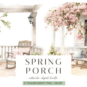 Porche de printemps aquarelle, maison de printemps, cliparts aquarelle de printemps, graphiques PNG de printemps, paysage printanier, autocollants numériques, scrapbooking, instantané
