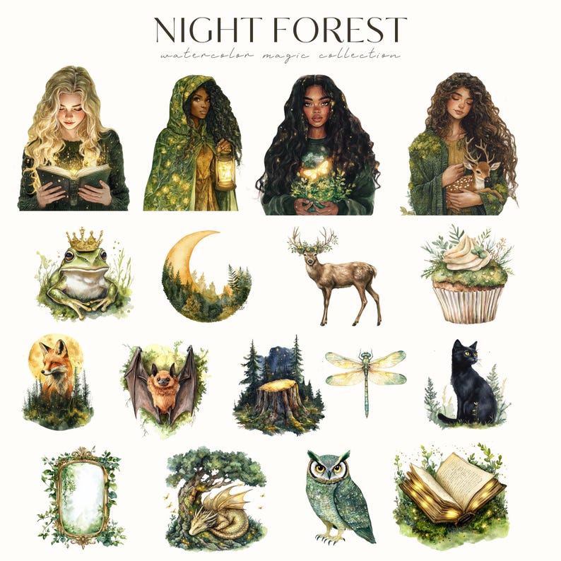 May include: A set of 15 watercolour illustrations featuring magical creatures and objects from a night forest. The illustrations include a frog wearing a crown, a crescent moon, a deer, a cupcake, a fox, a bat, a tree stump, a dragonfly, a black cat, a mirror, a dragon, an owl, and a book.