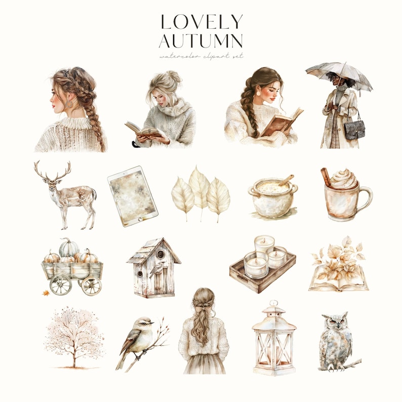 Puede incluir: Conjunto de im&aacute;genes predise&ntilde;adas de acuarela titulado "LOVELY AUTUMN" con ilustraciones de mujeres, un ciervo, hojas, una casita para p&aacute;jaros, un p&aacute;jaro, una linterna, un b&uacute;ho y otros elementos con tem&aacute;tica oto&ntilde;al. Las ilustraciones son en colores suaves y apagados.