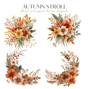 May include: Watercolor floral arrangements and bouquets in shades of orange, yellow, and brown. The image features four arrangements with the text "Autumn Stroll" and "floral arrangements and bouquets".