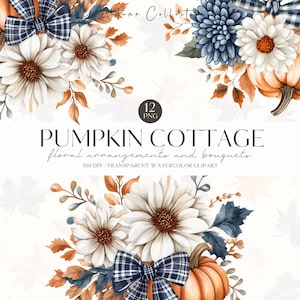 May include: A watercolour illustration of floral arrangements and bouquets with pumpkins, white and blue flowers, and plaid bows. The text reads "Autumn Collection" and "Pumpkin Cottage floral arrangements and bouquets". Includes 12 PNG files.