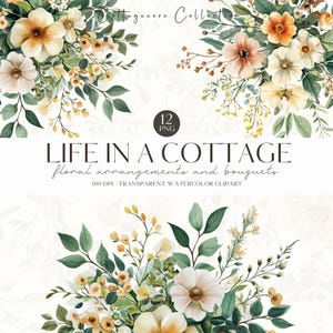 Clipart floral estilo cottagecore en acuarela, ramo floral rústico, flor de verano, invitación de boda, pegatinas digitales, álbum de recortes, uso comercial