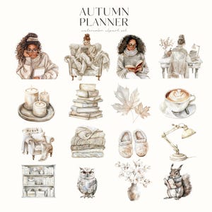 Pu&ograve; includere: Un set di clipart ad acquerello con tema autunnale. Il set include immagini di una donna che legge un libro, una pila di libri, una tazza di caff&egrave;, una poltrona accogliente, un paio di pantofole, una lampada, una libreria, un gufo, un vaso di fiori e uno scoiattolo che legge un libro.