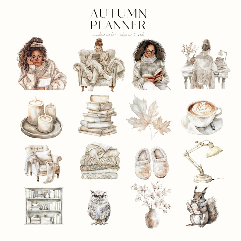 Pu&ograve; includere: Un set di clipart ad acquerello con tema autunnale. Il set include immagini di una donna che legge un libro, una pila di libri, una tazza di caff&egrave;, una poltrona accogliente, un paio di pantofole, una lampada, una libreria, un gufo, un vaso di fiori e uno scoiattolo che legge un libro.