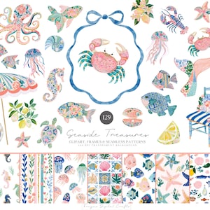 May include: Watercolor illustrations of various sea creatures and beach-themed elements. Includes an octopus, fish, crab, seahorse, jellyfish, and a beach umbrella. The designs feature floral patterns and pastel colors. The text reads "Seaside Treasures".