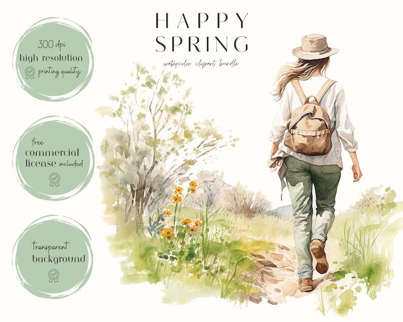 Watercolor Spring ClipArt- Happy Spring-Floral Clipart-Junk Journal-Scrapbook-Watercolor Garden-Cozy Spring-Digital Stickers-Commercial Use image 6