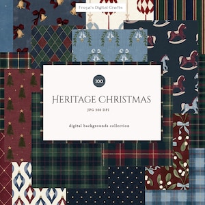 Pacchetto di carte digitali Heritage Christmas per sfondi e lavori creativi a tema natalizio, motivi natalizi vintage scuri, download digitale.