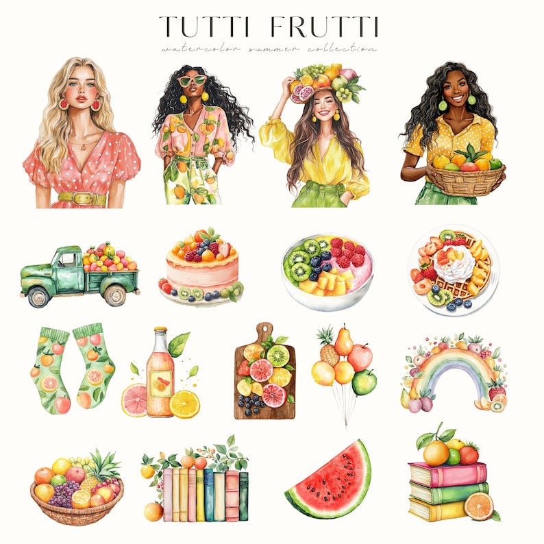 Puede incluir: Ilustraciones en acuarela con el texto "TUTTI FRUTTI watercolor summer collection". La imagen incluye representaciones de mujeres, frutas, alimentos y accesorios. Un cami&oacute;n verde est&aacute; lleno de fruta y un pastel est&aacute; cubierto con bayas.