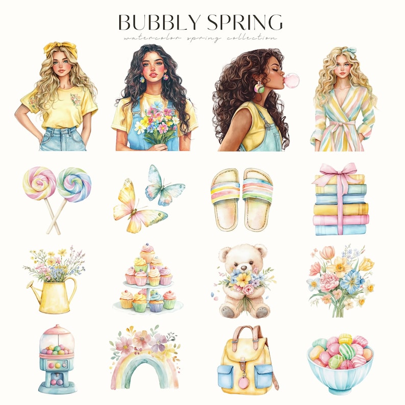 Puede incluir: Un conjunto de ilustraciones de acuarela con un tema primaveral. Las ilustraciones incluyen chicas, flores, mariposas, piruletas, cupcakes, un osito de peluche, un arco&iacute;ris, una m&aacute;quina de chicles, una mochila y un cuenco de caramelos. Las ilustraciones est&aacute;n en una paleta de colores pastel.