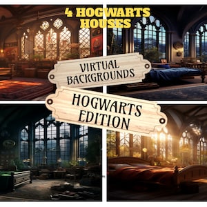 May include: Four virtual backgrounds featuring different Hogwarts house common rooms. Each room has a large bed, a bookshelf, and a window with a view of the Hogwarts grounds. The text "4 HOGWARTS HOUSES" and "VIRTUAL BACKGROUNDS HOGWARTS EDITION" is displayed on the image.