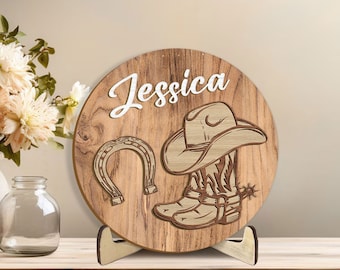 Personalized Cowboy Wooden Plaque, Custom Name Wooden Sign, Western Cowboy Boot Hat Wood Sign, Cowgirl Sign, Gift For Cowgirl, Cowboy