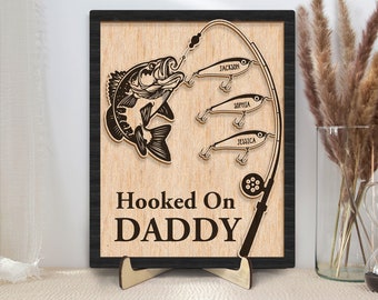 Personalized Dad Wooden Plaque, Custom Kid's Name Wooden Sign, Hooked On Daddy Fishing Wood Sign, Father's Day Gift for Dad, Grandpa, Him