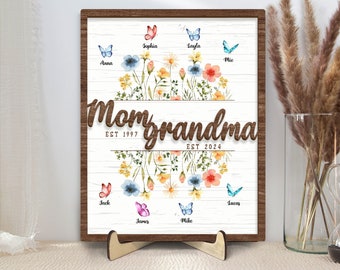 Personalized Mom Wooden Plaque, Custom Kid's Name Wooden Sign, Grandma Floral Wildflower Wood Sign, Mother's Day Gift For Grandma, Mom, Her