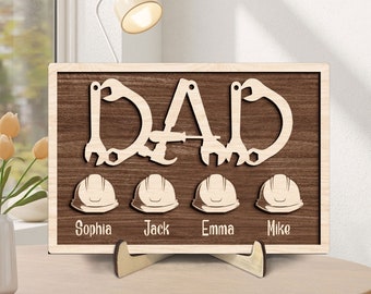 Personalized Dad Wooden Plaque, Custom Kid's Names Wooden Sign, Dad Tools Helmet Wood Sign, Father's Day Gift for Dad, Grandpa, Him