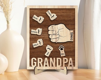 Personalized Grandpa Wooden Plaque, Custom Kid's Name Wooden Sign, Dad Fist Bump Wood Sign, Father's Day Gift For Dad, Grandpa, Husband
